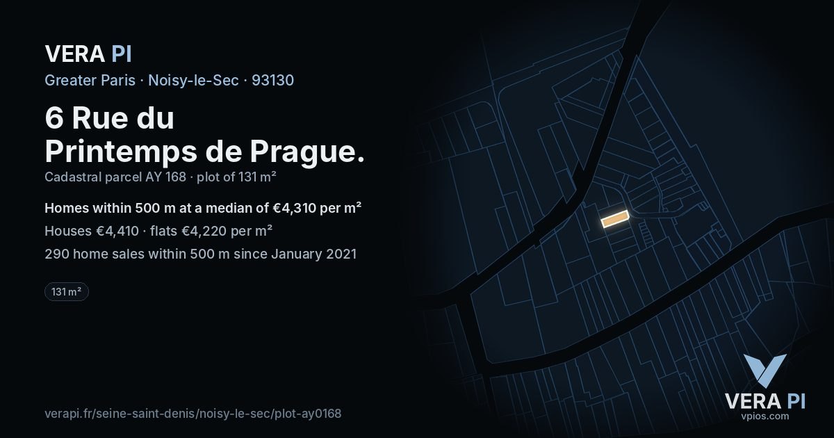 6 Rue du Printemps de Prague, Noisy-le-Sec at night – the plot lit, the parcels around coloured by the prices near them