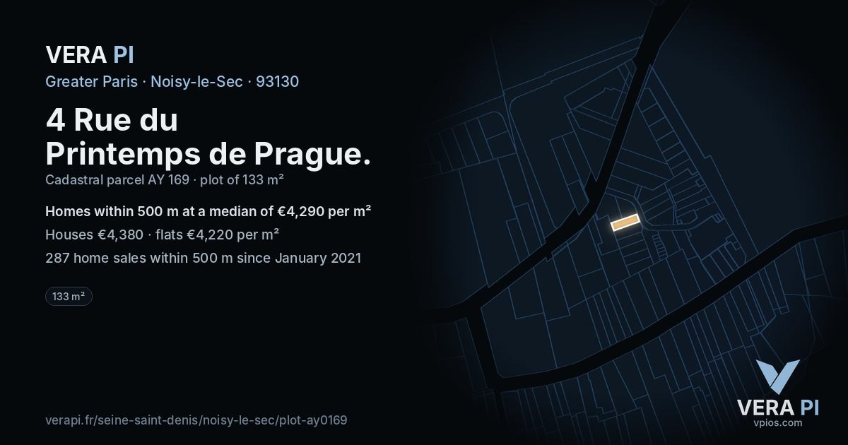 4 Rue du Printemps de Prague, Noisy-le-Sec at night – the plot lit, the parcels around coloured by the prices near them