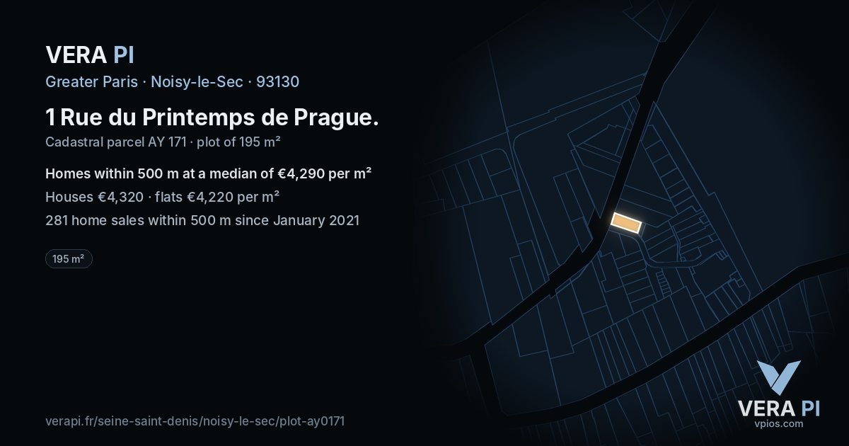 1 Rue du Printemps de Prague, Noisy-le-Sec at night – the plot lit, the parcels around coloured by the prices near them