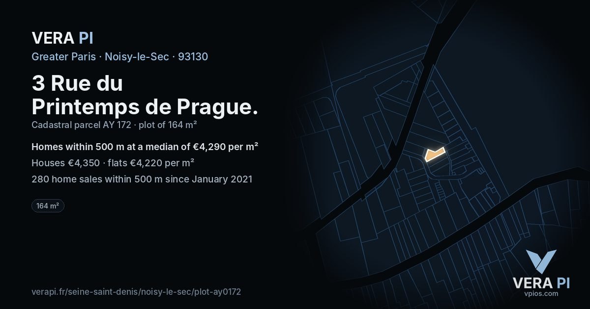 3 Rue du Printemps de Prague, Noisy-le-Sec at night – the plot lit, the parcels around coloured by the prices near them