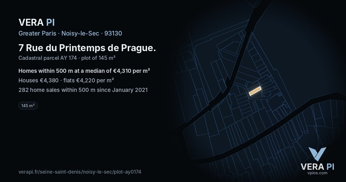 7 Rue du Printemps de Prague, Noisy-le-Sec at night – the plot lit, the parcels around coloured by the prices near them