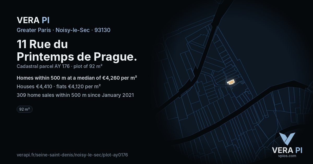 11 Rue du Printemps de Prague, Noisy-le-Sec at night – the plot lit, the parcels around coloured by the prices near them