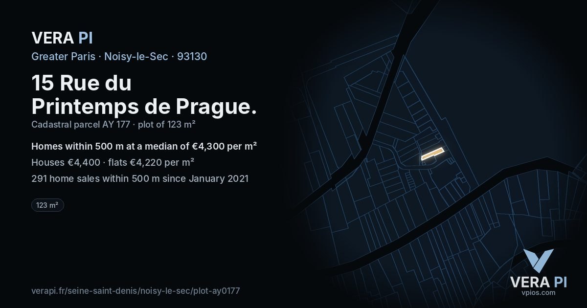 15 Rue du Printemps de Prague, Noisy-le-Sec at night – the plot lit, the parcels around coloured by the prices near them