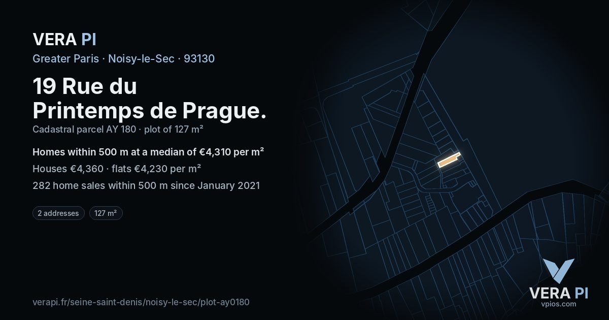 19 Rue du Printemps de Prague, Noisy-le-Sec at night – the plot lit, the parcels around coloured by the prices near them
