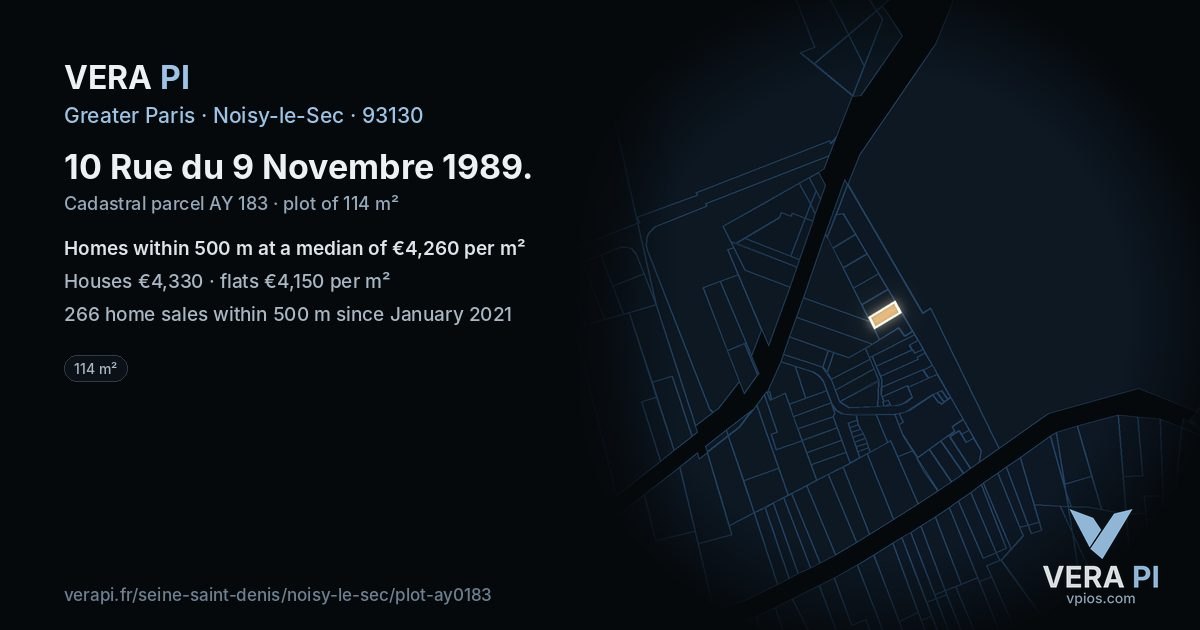 10 Rue du 9 Novembre 1989, Noisy-le-Sec at night – the plot lit, the parcels around coloured by the prices near them