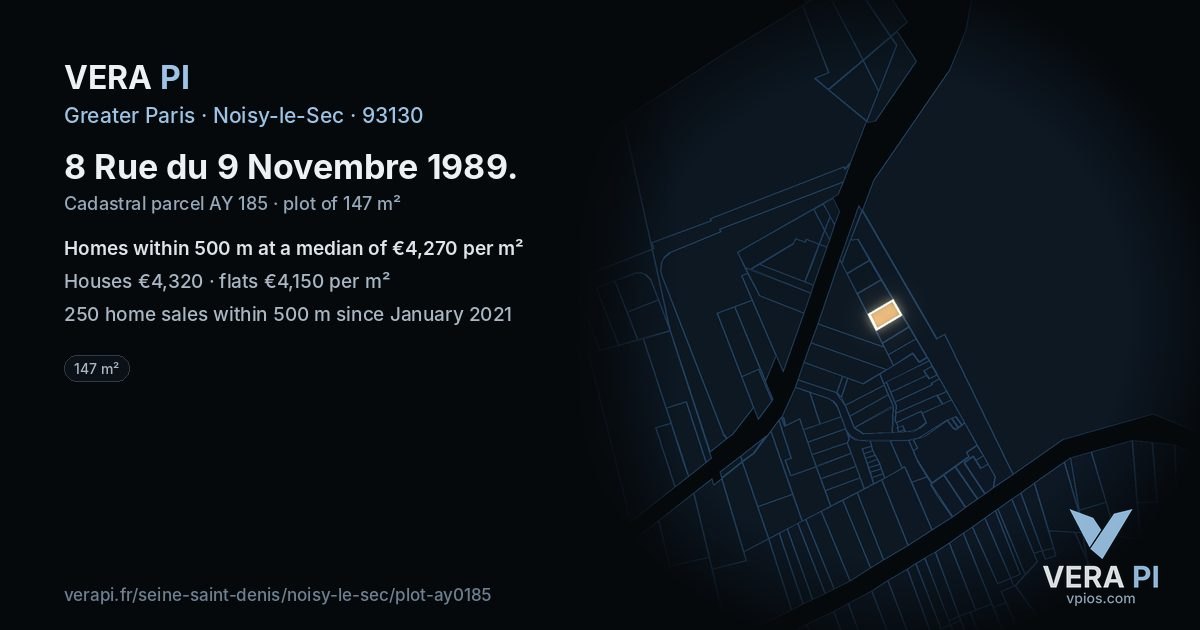8 Rue du 9 Novembre 1989, Noisy-le-Sec at night – the plot lit, the parcels around coloured by the prices near them