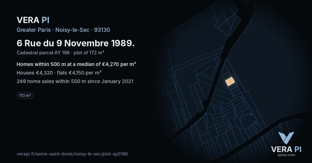 6 Rue du 9 Novembre 1989, Noisy-le-Sec at night – the plot lit, the parcels around coloured by the prices near them