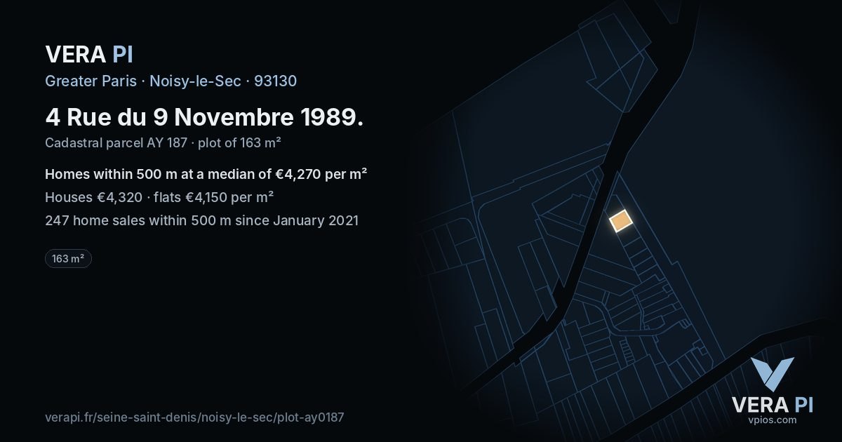 4 Rue du 9 Novembre 1989, Noisy-le-Sec at night – the plot lit, the parcels around coloured by the prices near them