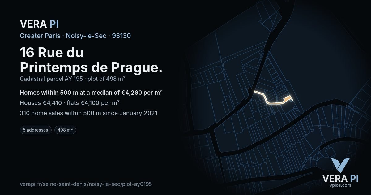 16 Rue du Printemps de Prague, Noisy-le-Sec at night – the plot lit, the parcels around coloured by the prices near them
