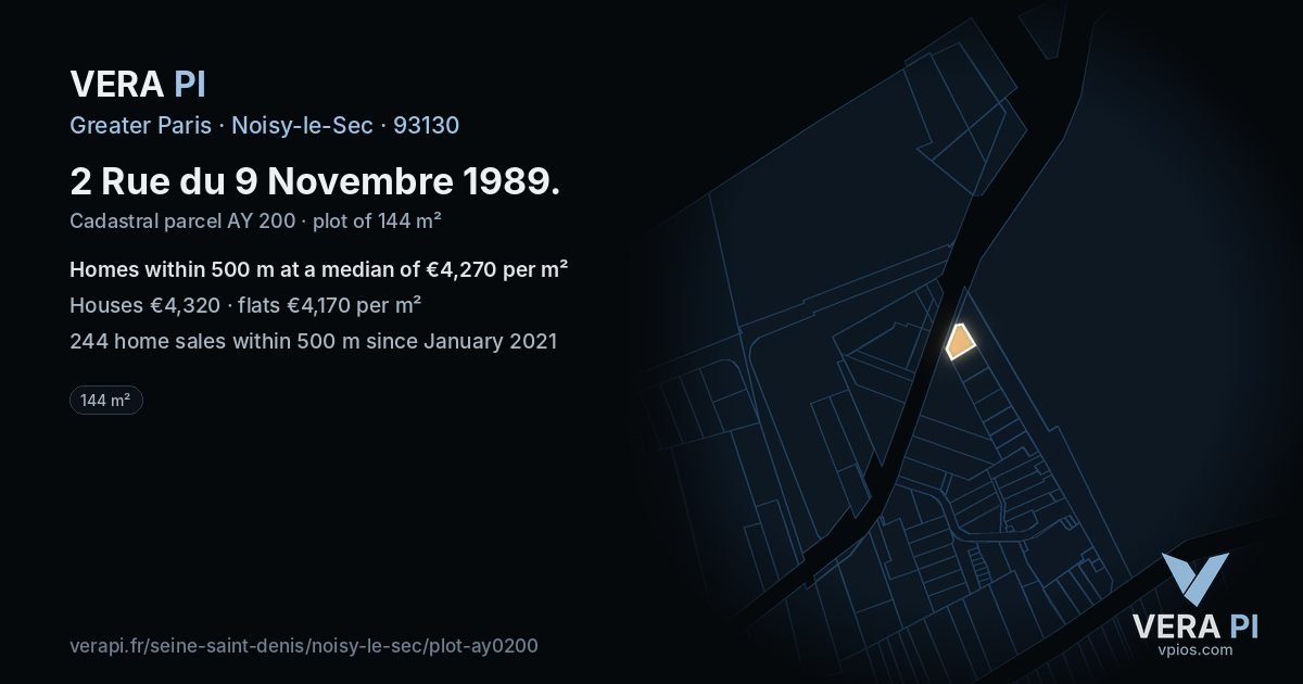 2 Rue du 9 Novembre 1989, Noisy-le-Sec at night – the plot lit, the parcels around coloured by the prices near them