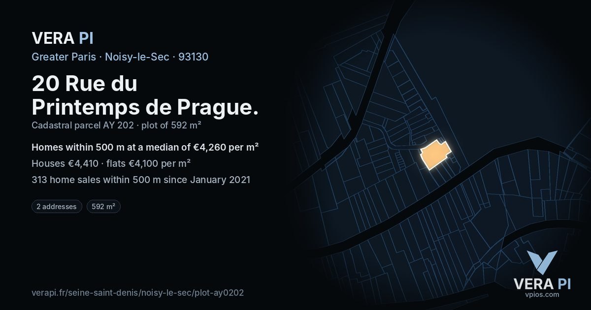 20 Rue du Printemps de Prague, Noisy-le-Sec at night – the plot lit, the parcels around coloured by the prices near them