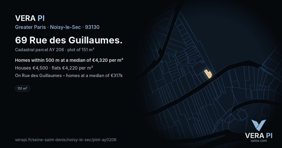 69 Rue des Guillaumes, Noisy-le-Sec at night – the plot lit, the parcels around coloured by the prices near them