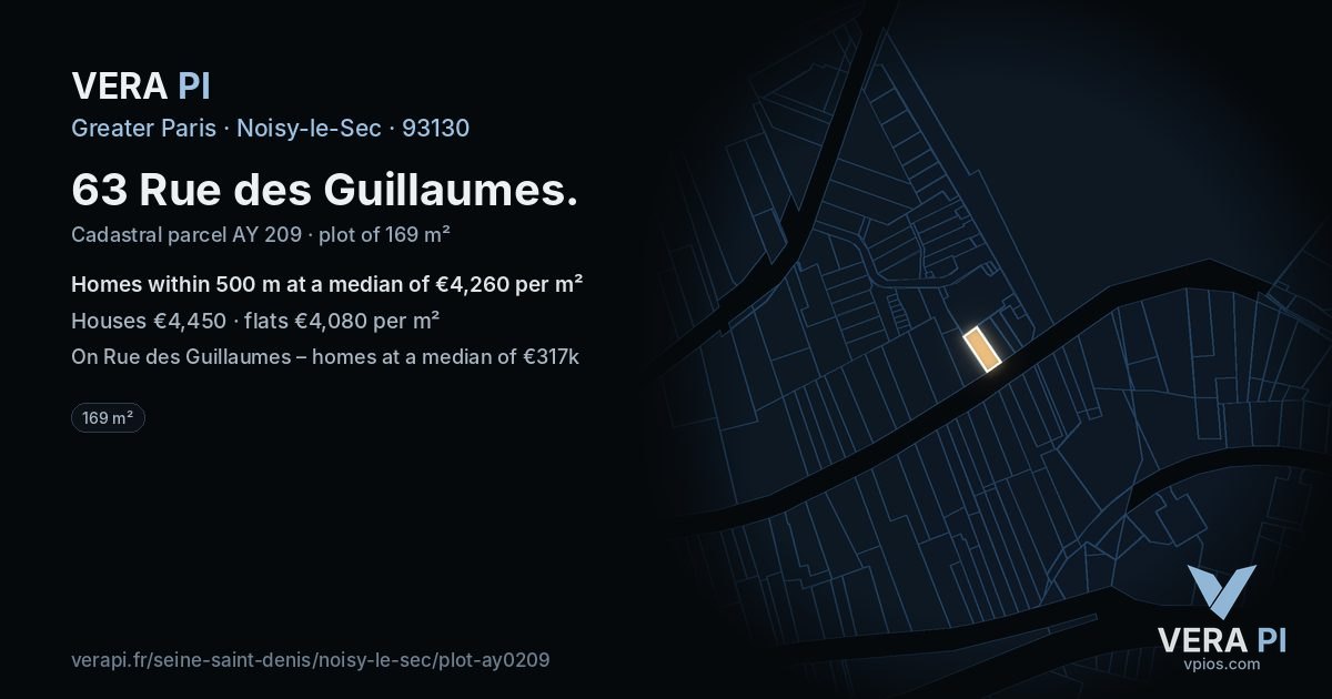 63 Rue des Guillaumes, Noisy-le-Sec at night – the plot lit, the parcels around coloured by the prices near them