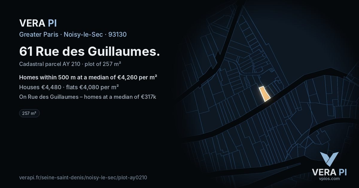 61 Rue des Guillaumes, Noisy-le-Sec at night – the plot lit, the parcels around coloured by the prices near them