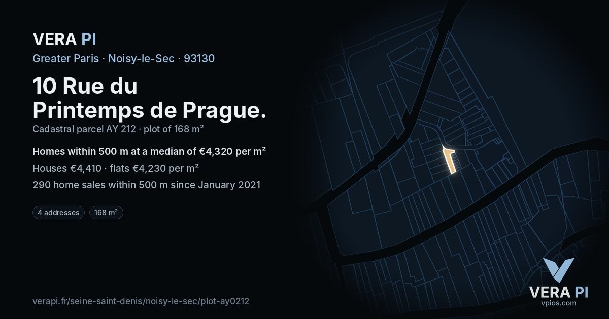 10 Rue du Printemps de Prague, Noisy-le-Sec at night – the plot lit, the parcels around coloured by the prices near them