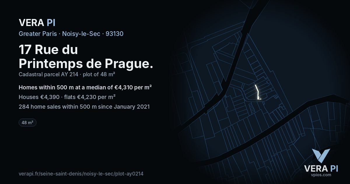 17 Rue du Printemps de Prague, Noisy-le-Sec at night – the plot lit, the parcels around coloured by the prices near them