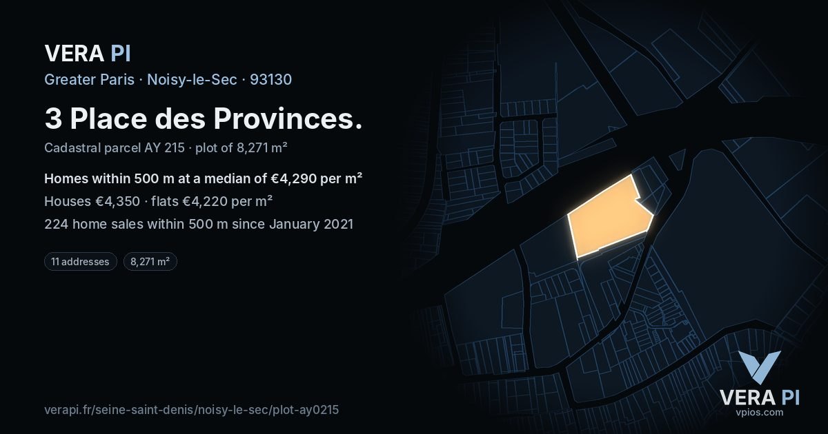 3 Place des Provinces, Noisy-le-Sec at night – the plot lit, the parcels around coloured by the prices near them