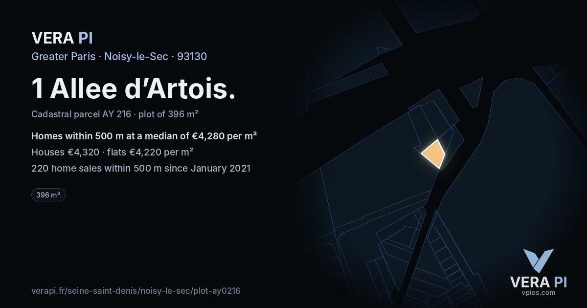 1 Allee d’Artois, Noisy-le-Sec at night – the plot lit, the parcels around coloured by the prices near them