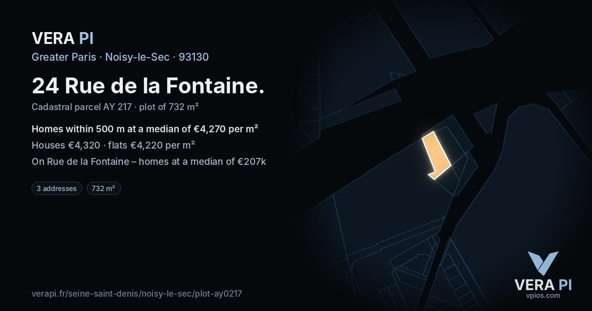 24 Rue de la Fontaine, Noisy-le-Sec at night – the plot lit, the parcels around coloured by the prices near them