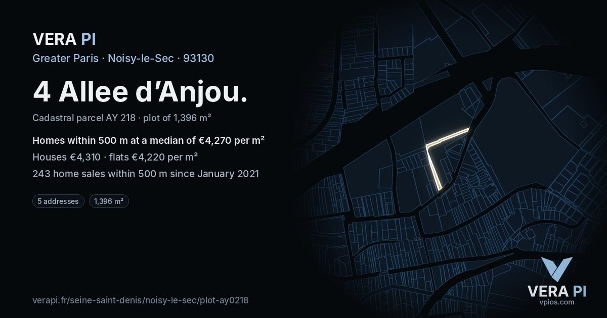 4 Allee d’Anjou, Noisy-le-Sec at night – the plot lit, the parcels around coloured by the prices near them