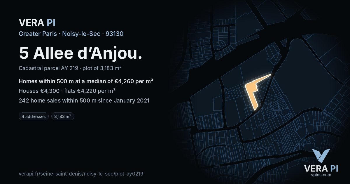 5 Allee d’Anjou, Noisy-le-Sec at night – the plot lit, the parcels around coloured by the prices near them