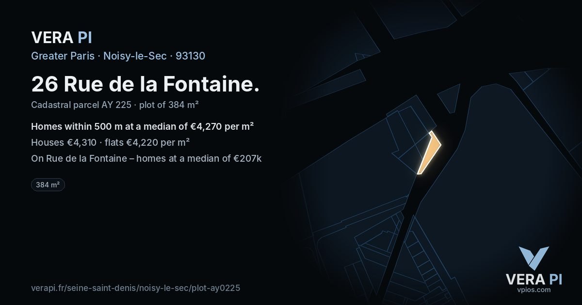 26 Rue de la Fontaine, Noisy-le-Sec at night – the plot lit, the parcels around coloured by the prices near them