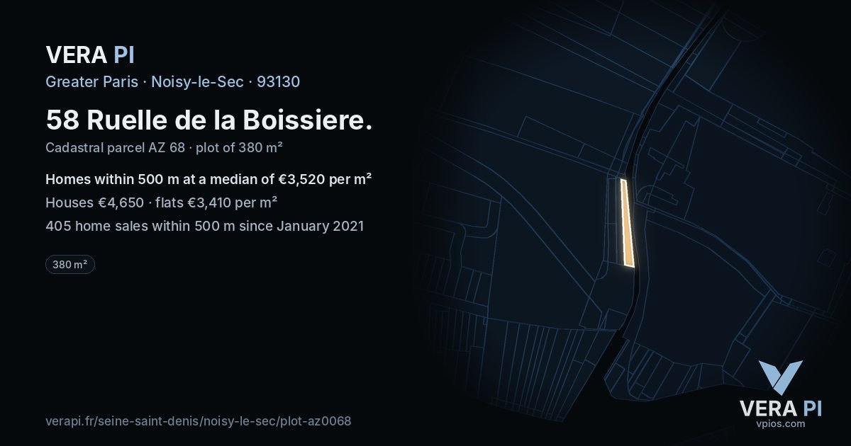 58 Ruelle de la Boissiere, Noisy-le-Sec at night – the plot lit, the parcels around coloured by the prices near them
