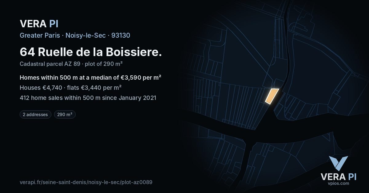 64 Ruelle de la Boissiere, Noisy-le-Sec at night – the plot lit, the parcels around coloured by the prices near them