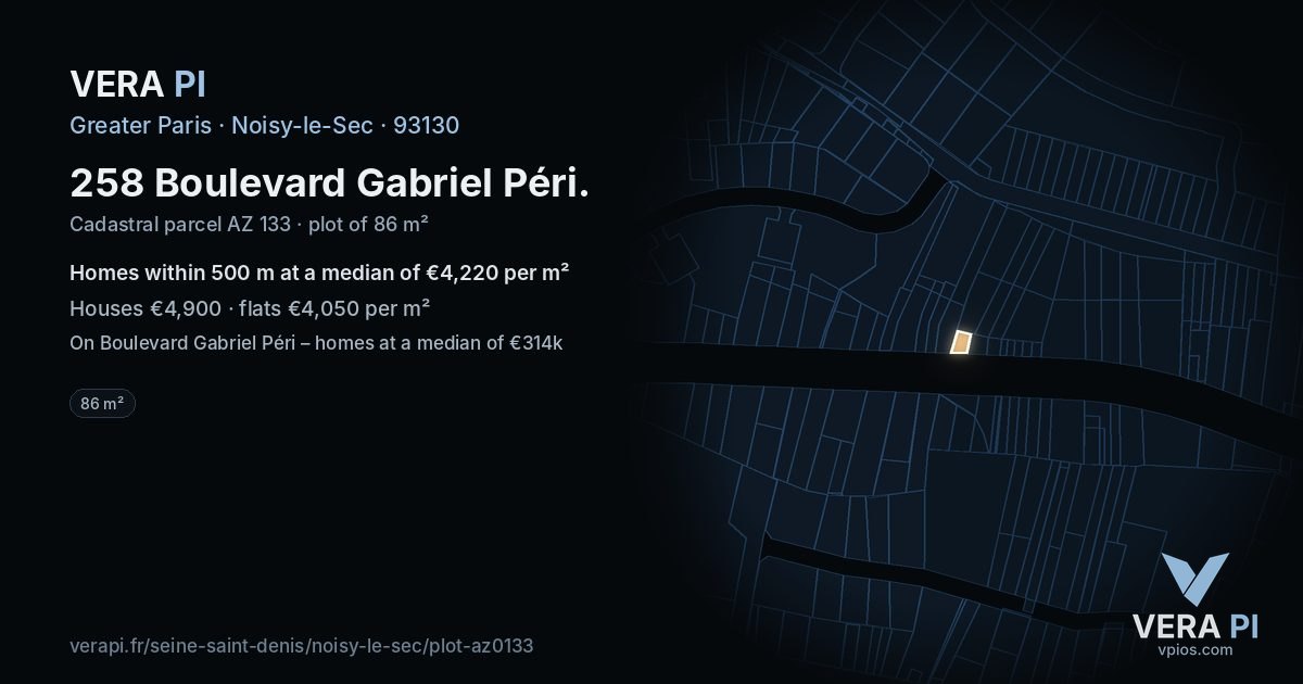 258 Boulevard Gabriel Péri, Noisy-le-Sec at night – the plot lit, the parcels around coloured by the prices near them