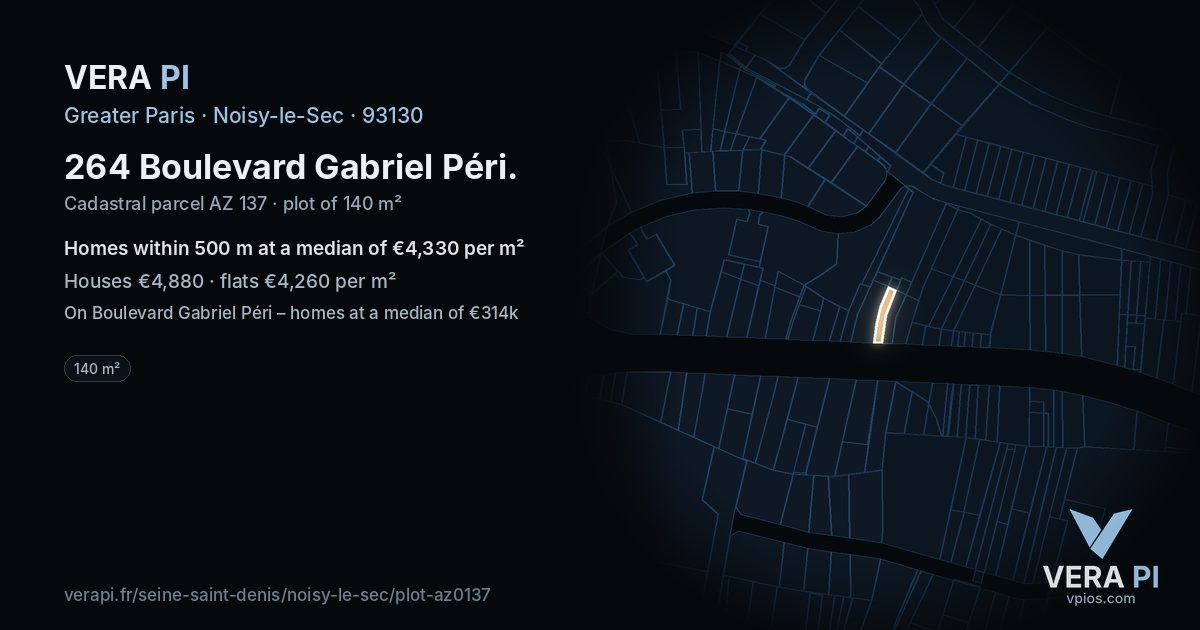 264 Boulevard Gabriel Péri, Noisy-le-Sec at night – the plot lit, the parcels around coloured by the prices near them
