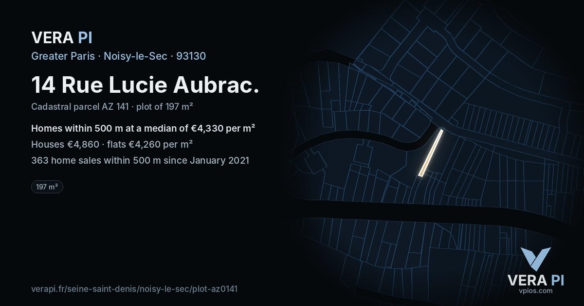 14 Rue Lucie Aubrac, Noisy-le-Sec at night – the plot lit, the parcels around coloured by the prices near them