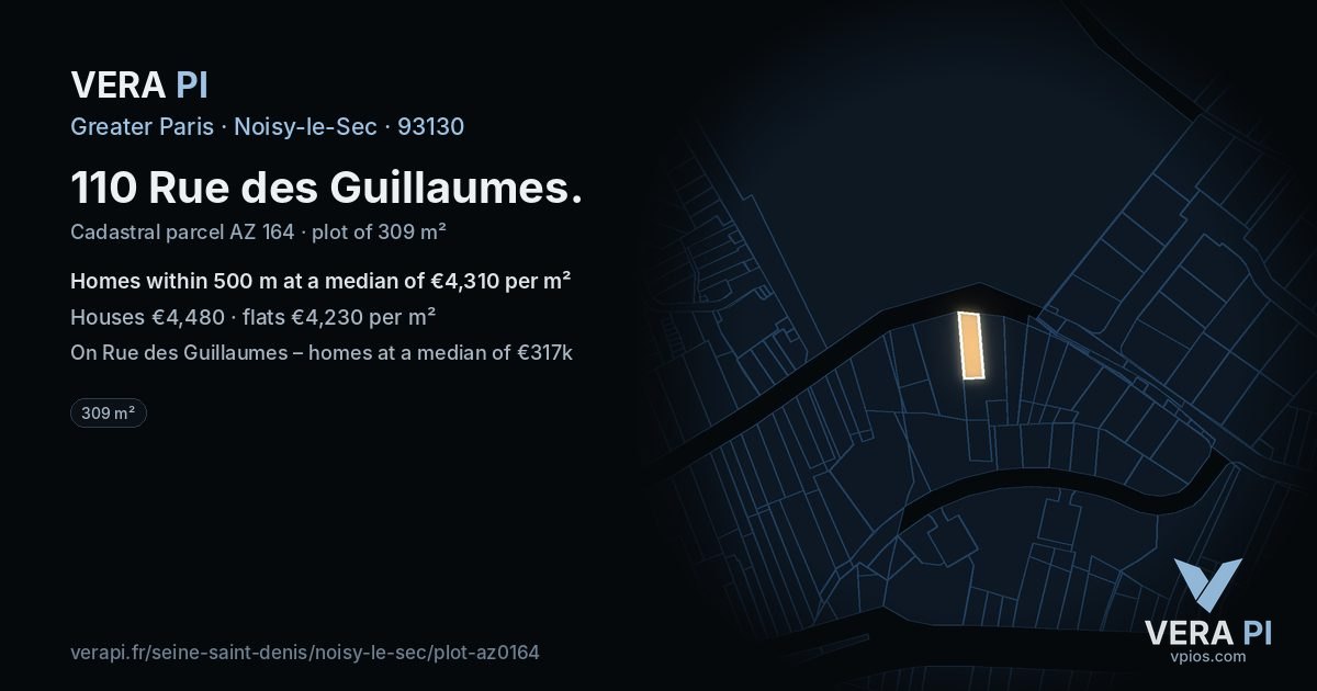 110 Rue des Guillaumes, Noisy-le-Sec at night – the plot lit, the parcels around coloured by the prices near them