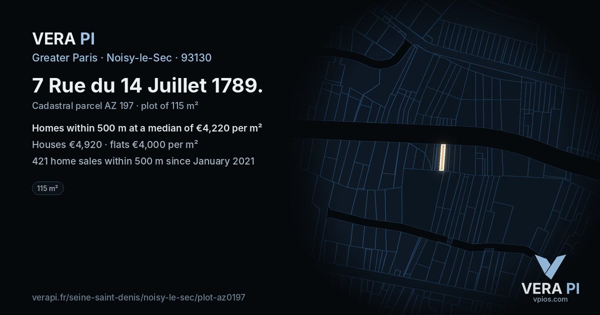 7 Rue du 14 Juillet 1789, Noisy-le-Sec at night – the plot lit, the parcels around coloured by the prices near them