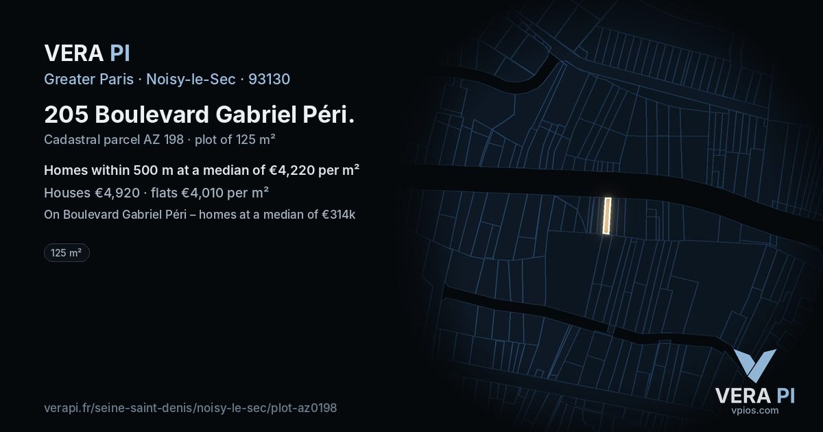 205 Boulevard Gabriel Péri, Noisy-le-Sec at night – the plot lit, the parcels around coloured by the prices near them