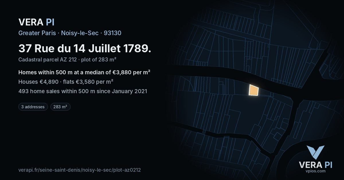 37 Rue du 14 Juillet 1789, Noisy-le-Sec at night – the plot lit, the parcels around coloured by the prices near them