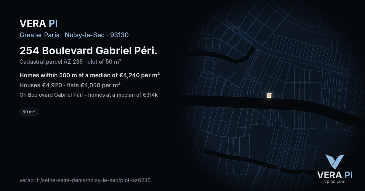 254 Boulevard Gabriel Péri, Noisy-le-Sec at night – the plot lit, the parcels around coloured by the prices near them