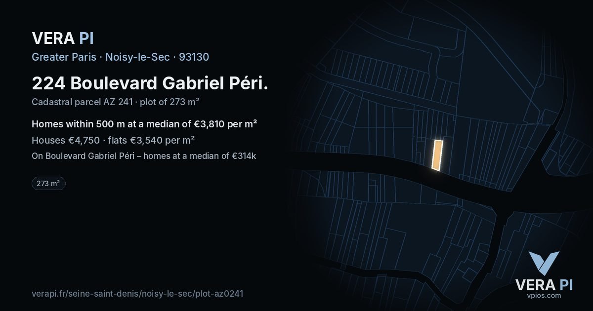 224 Boulevard Gabriel Péri, Noisy-le-Sec at night – the plot lit, the parcels around coloured by the prices near them