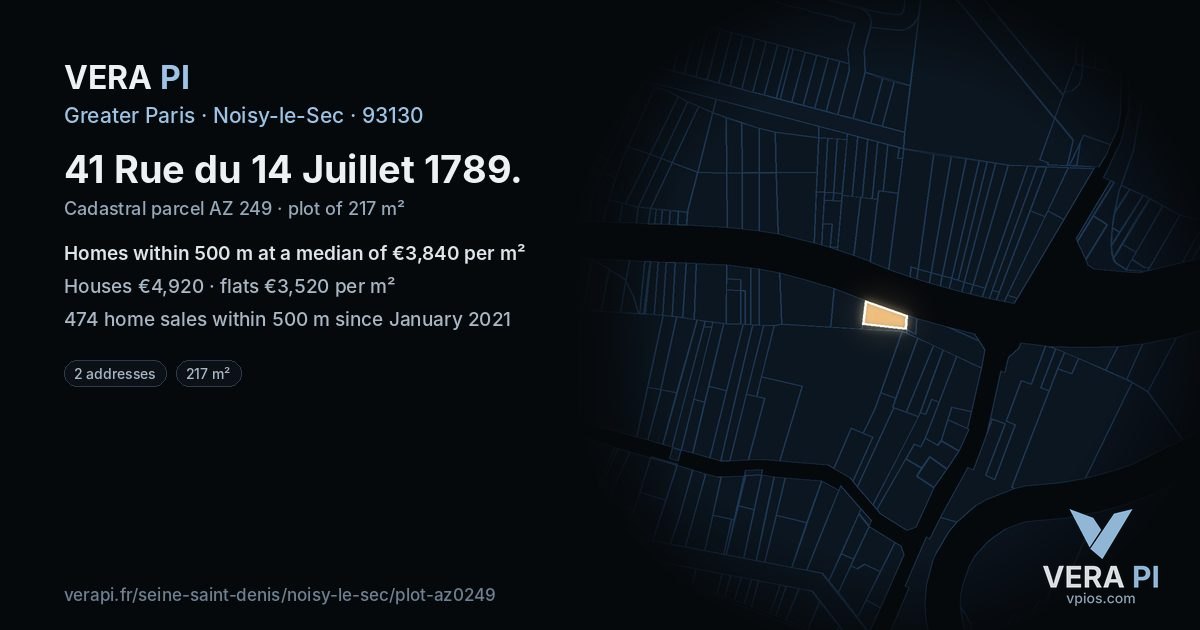 41 Rue du 14 Juillet 1789, Noisy-le-Sec at night – the plot lit, the parcels around coloured by the prices near them