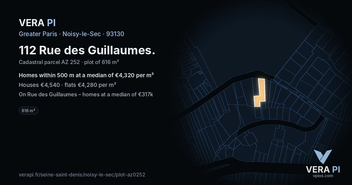 112 Rue des Guillaumes, Noisy-le-Sec at night – the plot lit, the parcels around coloured by the prices near them