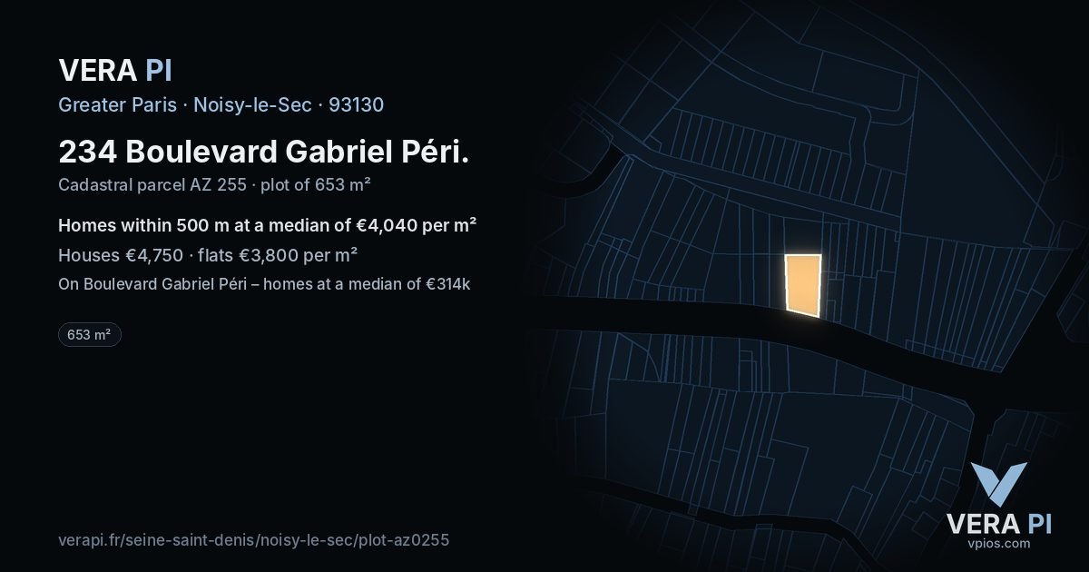 234 Boulevard Gabriel Péri, Noisy-le-Sec at night – the plot lit, the parcels around coloured by the prices near them