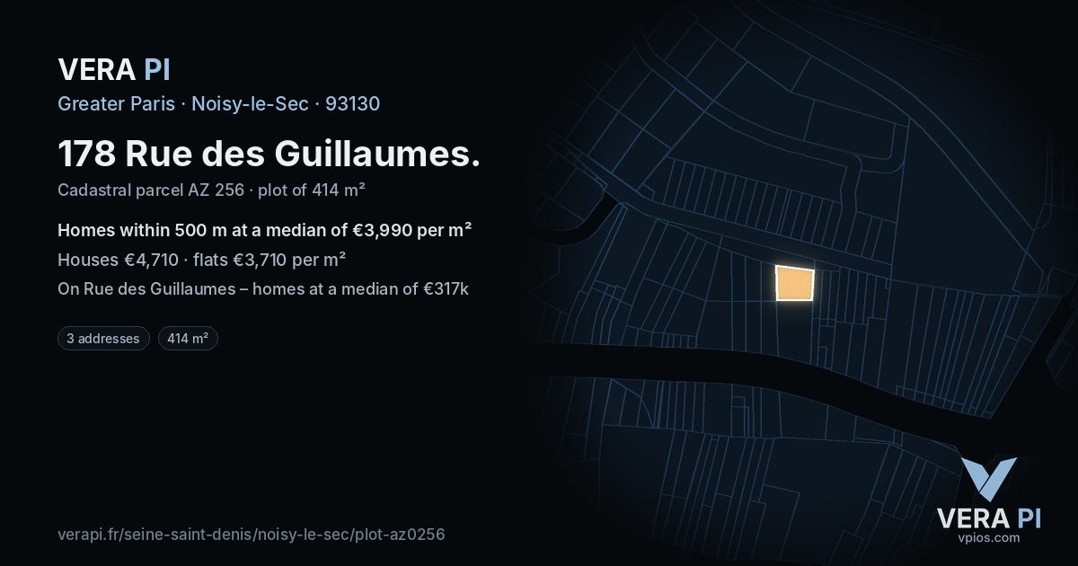 178 Rue des Guillaumes, Noisy-le-Sec at night – the plot lit, the parcels around coloured by the prices near them