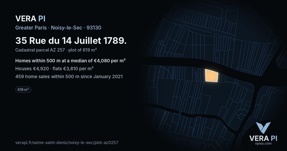 35 Rue du 14 Juillet 1789, Noisy-le-Sec at night – the plot lit, the parcels around coloured by the prices near them