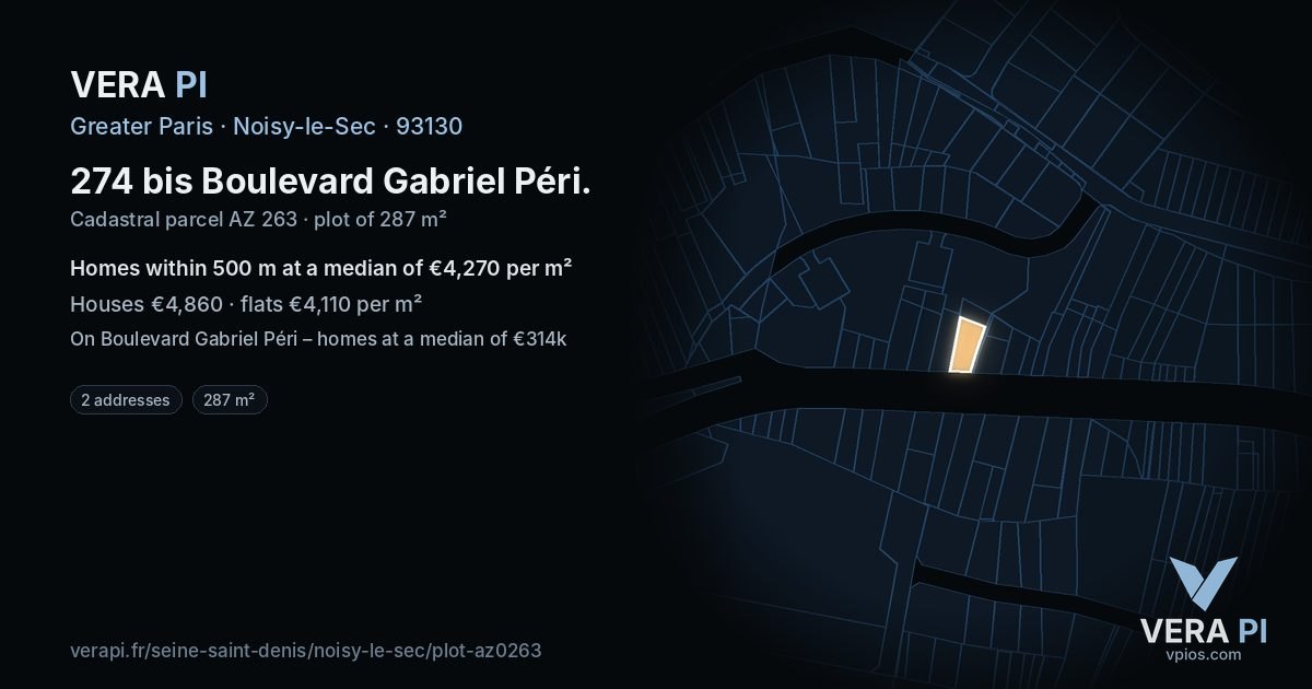 274 bis Boulevard Gabriel Péri, Noisy-le-Sec at night – the plot lit, the parcels around coloured by the prices near them