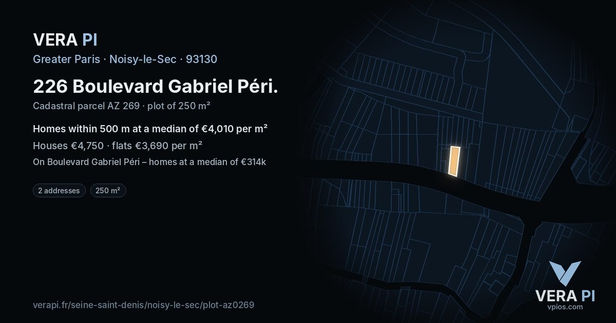 226 Boulevard Gabriel Péri, Noisy-le-Sec at night – the plot lit, the parcels around coloured by the prices near them