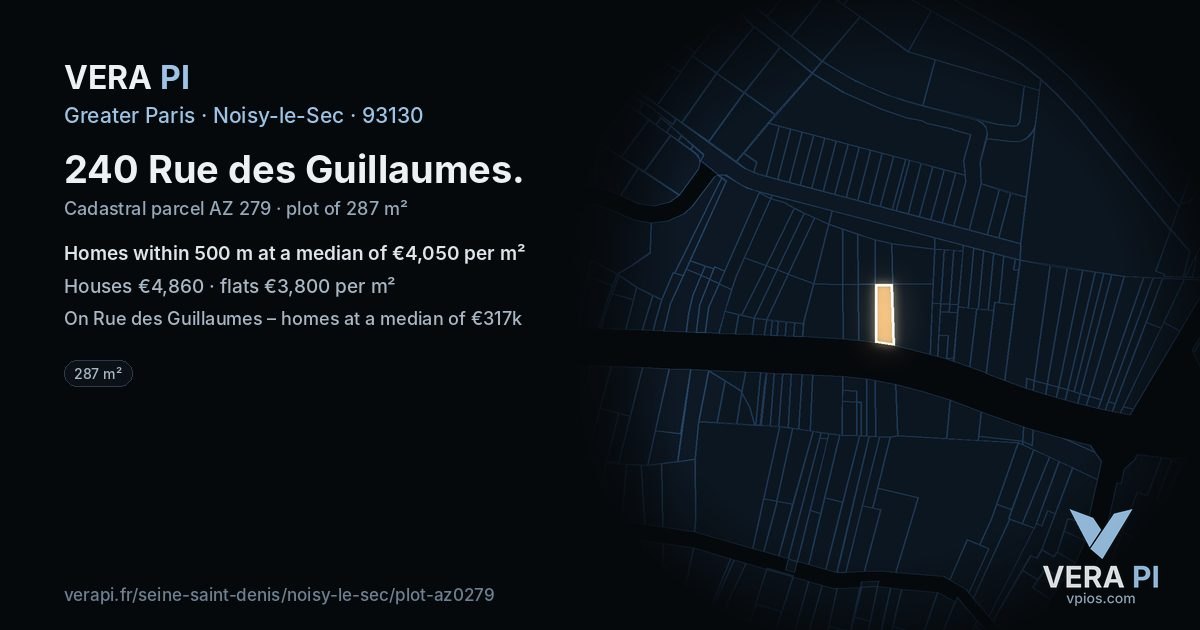 240 Rue des Guillaumes, Noisy-le-Sec at night – the plot lit, the parcels around coloured by the prices near them