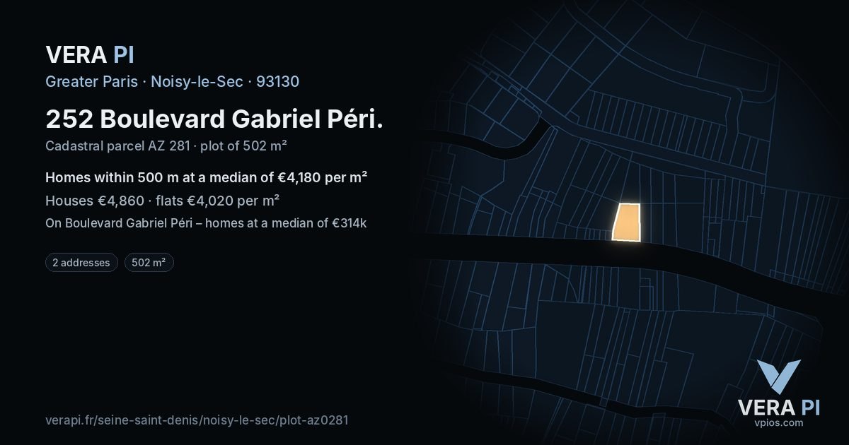 252 Boulevard Gabriel Péri, Noisy-le-Sec at night – the plot lit, the parcels around coloured by the prices near them