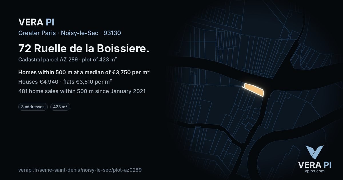 72 Ruelle de la Boissiere, Noisy-le-Sec at night – the plot lit, the parcels around coloured by the prices near them