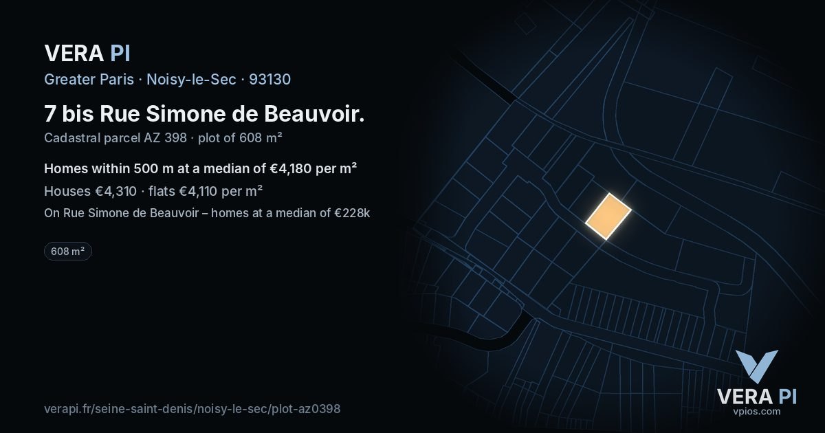 7 bis Rue Simone de Beauvoir, Noisy-le-Sec at night – the plot lit, the parcels around coloured by the prices near them
