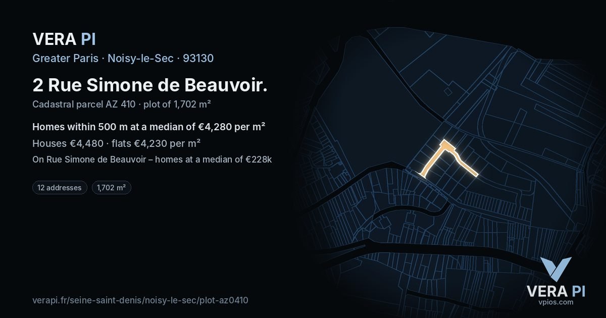 2 Rue Simone de Beauvoir, Noisy-le-Sec at night – the plot lit, the parcels around coloured by the prices near them