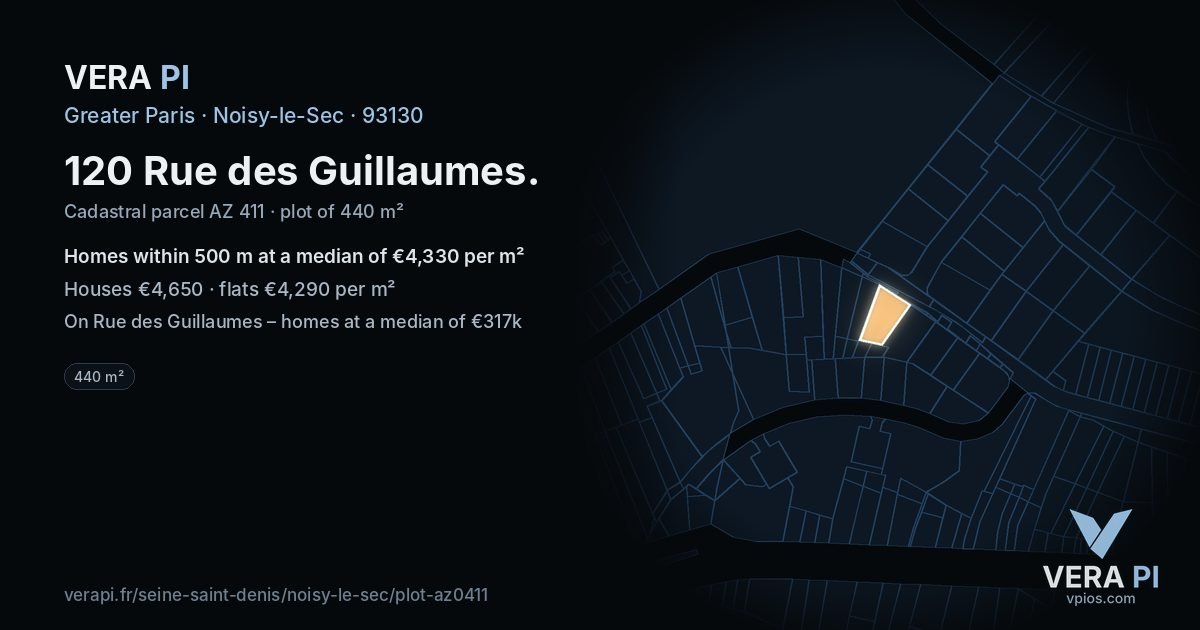 120 Rue des Guillaumes, Noisy-le-Sec at night – the plot lit, the parcels around coloured by the prices near them